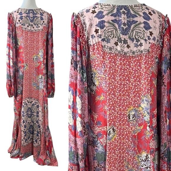Free People Bohemian Gypsy Maxi Dress Duster Red Retro 70s Festival Size Large - Picture 6 of 14